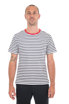 MEN'S RIVER T-SHIRT- Black and White Stripes with Red Contrast Neckline 